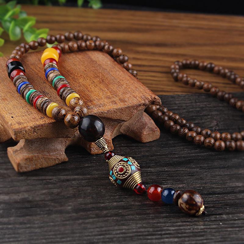 Holy Wood Beads Necklace for Energy Balancing, Positivity, Tranquility, and Meditation Vintage Nepal Long Buddhist Mala Wood Beaded Pendant & Necklace Ethnic Bohemian Boho Lucky Jewelry