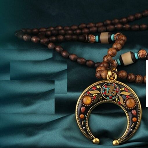 Holy Wood Beads Om Pendant Necklace for Energy Balancing, Positivity, Tranquility, and Meditation Vintage Nepal Long Buddhist Mala Wood Beaded Pendant & Necklace Ethnic Bohemian Boho Lucky Jewelry