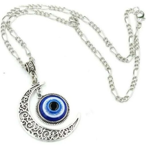 Moon Pendant with Circular Evil Eye Pendant Chain Necklace