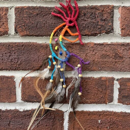 Suede leather rainbow  kokopeli dreamcatcher 14 cm
