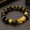 Black Obsidian Natural Stone with Feng Shui Printed Symbols Bracelet with Charms Prayer Beads, 10 mm stone beads VTrendz
