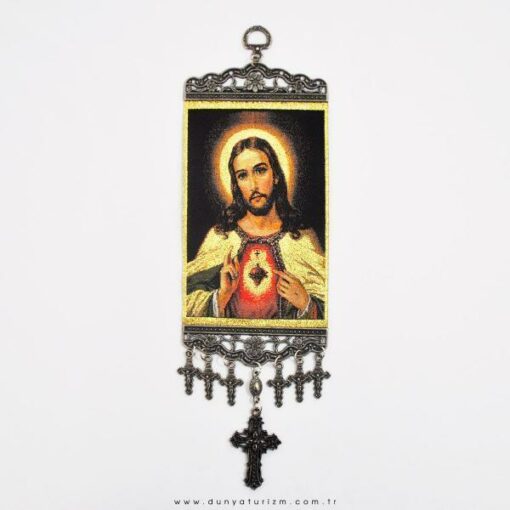 Jesus Medium Carpet Wall Hanging Handwoven; Gold Aura, Red Heart, 12.5 Inch