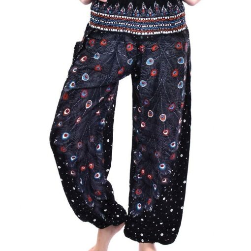 Black Print Elastic Thai Harem Pants with single pocket Plain solid color with peacock feather prints 100% Rayon