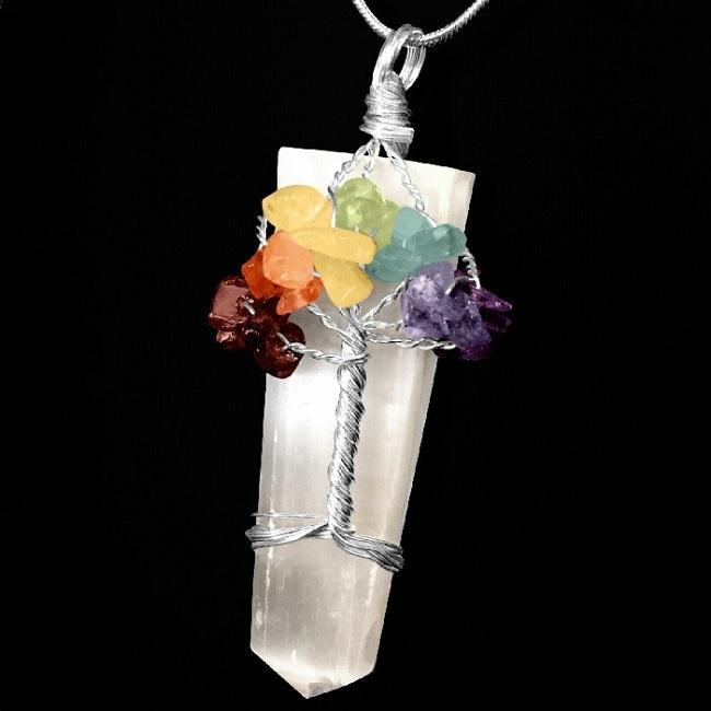 Selenite Pendant with 7- Chakra Tree of Life Wire Wrapped Pendant necklace, 7 Chakra necklace, tree of life necklace - Image 3