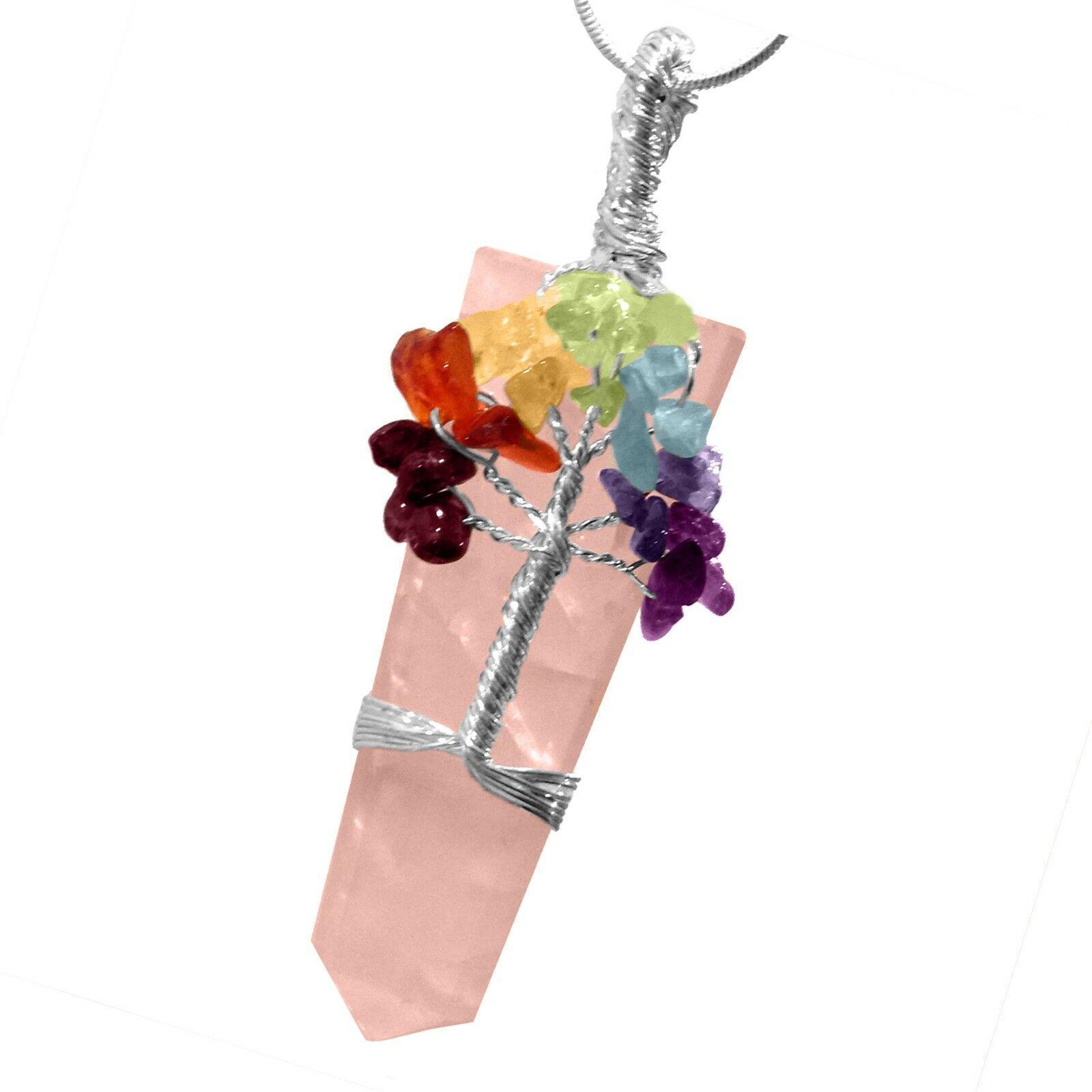 Rose Quartz with 7- Chakra Tree of Life Wire Wrapped Pendant necklace, 7 Chakra necklace, tree of life necklace - Image 3
