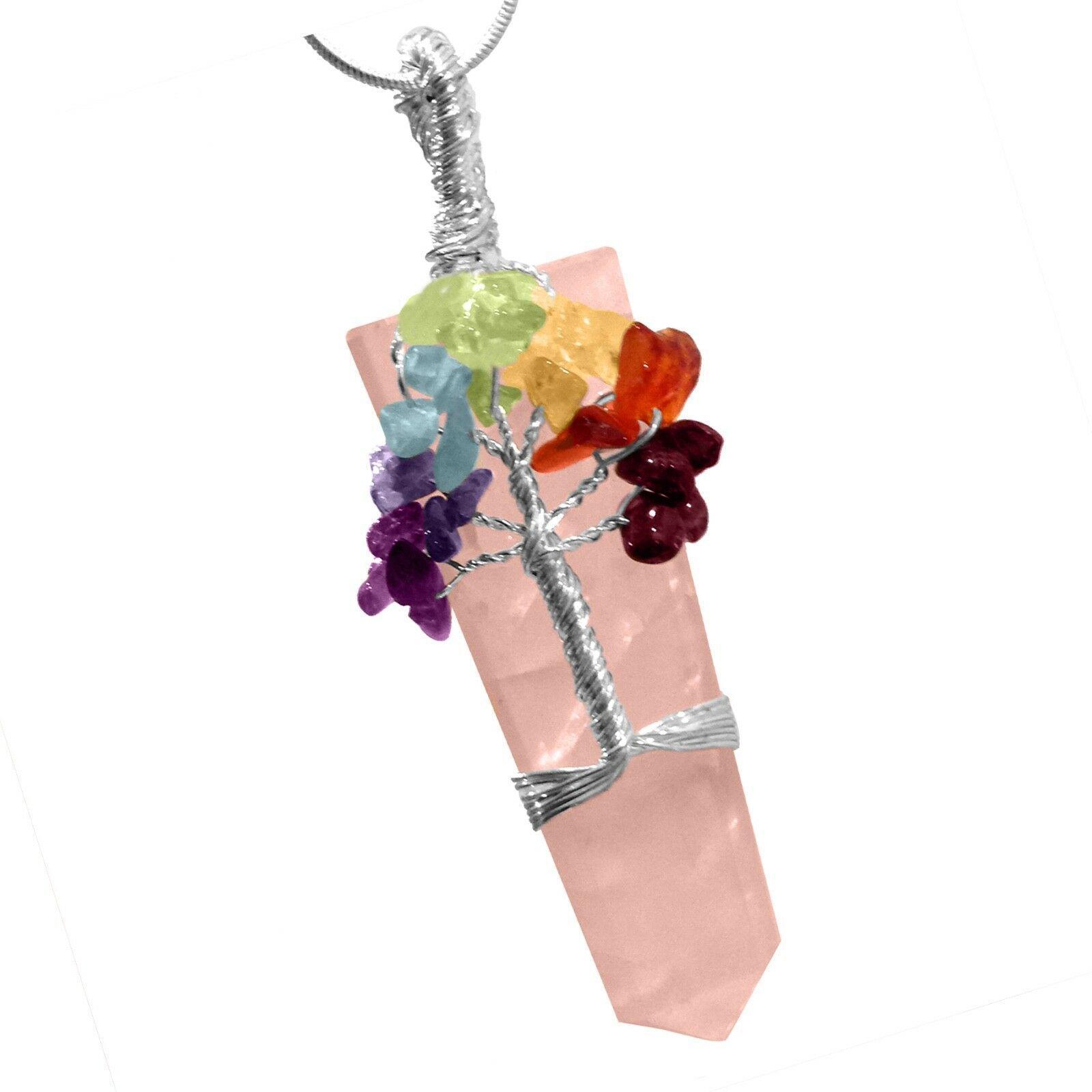 Rose Quartz with 7- Chakra Tree of Life Wire Wrapped Pendant necklace, 7 Chakra necklace, tree of life necklace - Image 2