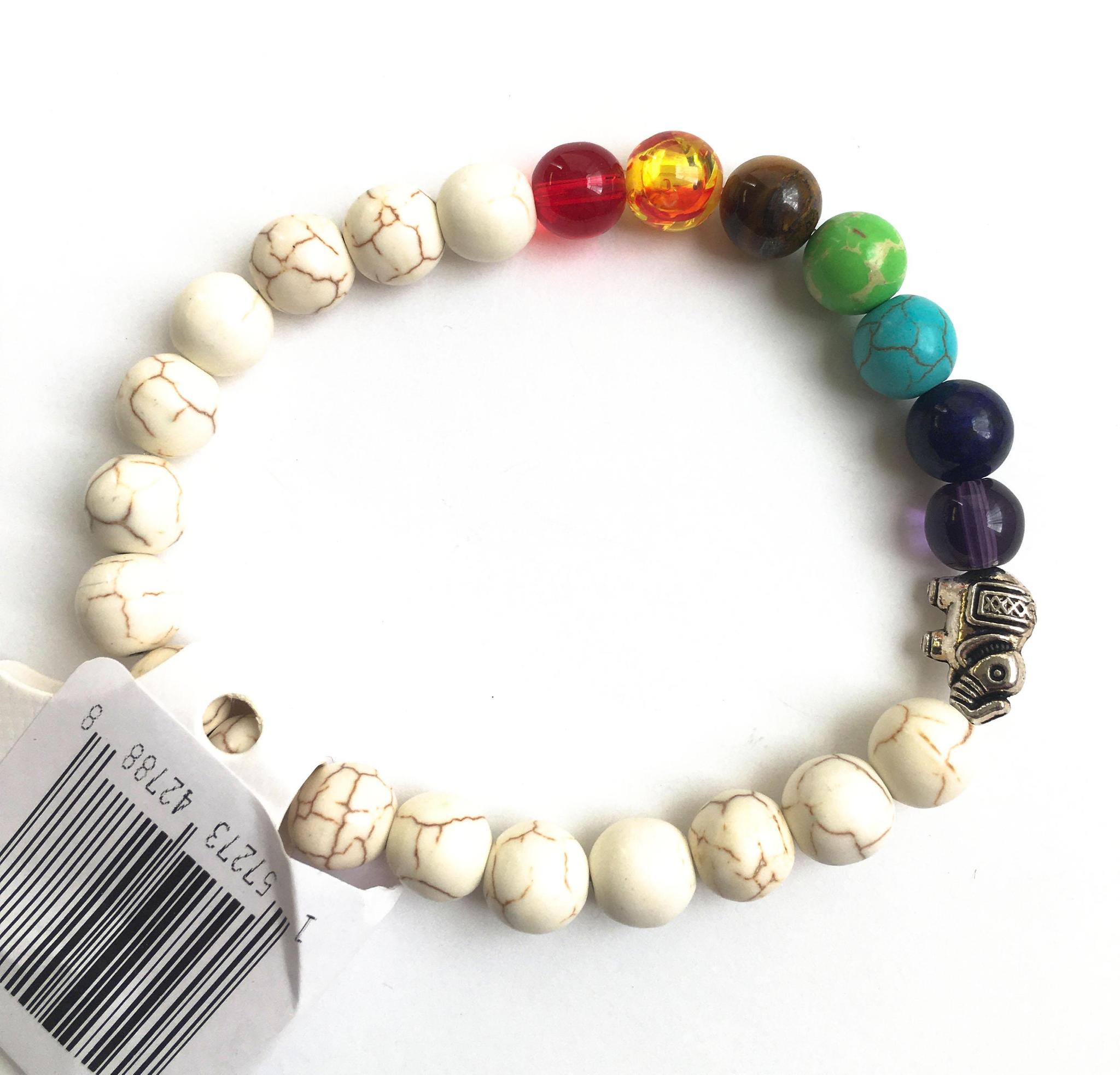 Bone Howlite / Cream Howlite with 7-Chakra and Elephant Charm Stone Beads Natural Stone Bracelet Prayer Beads 8 mm