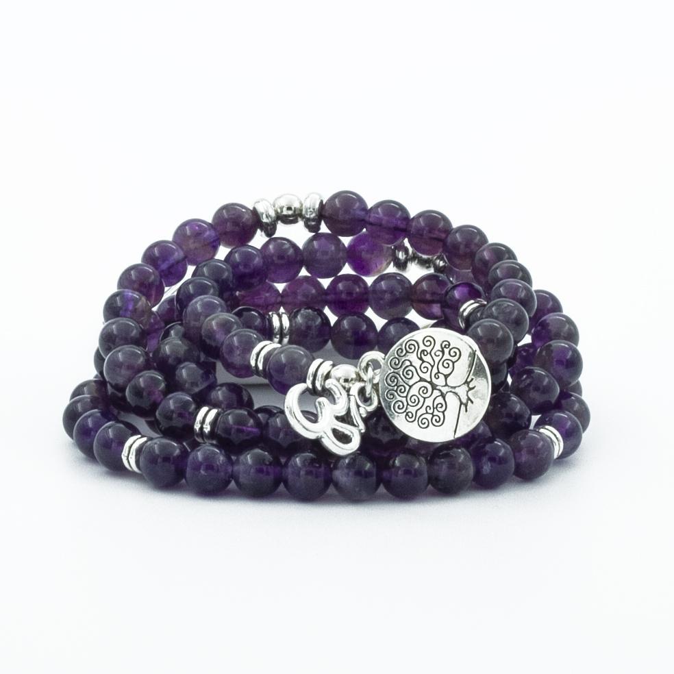 Amethyst 108 Mala 6 & 8mm Beads Bracelet Mala Prayer Beads OM Charm Meditation Necklace - Image 2