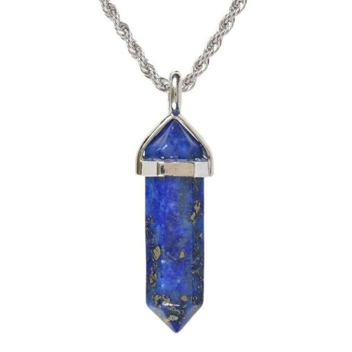 Lapis Lazuli Bullet Shaped Hexagonal Pointed Reiki Chakra Pendant Necklace for Relaxation, Positivity, and Balancing Energy Chain length approx. 17 inch