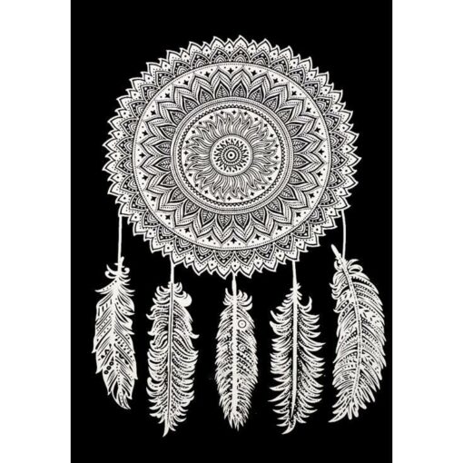 Dream Catcher Full Circle 5 feathers Black Base Tiedye Poster Wall Hanging Handmade Cotton Tapestry 40"x30" inch