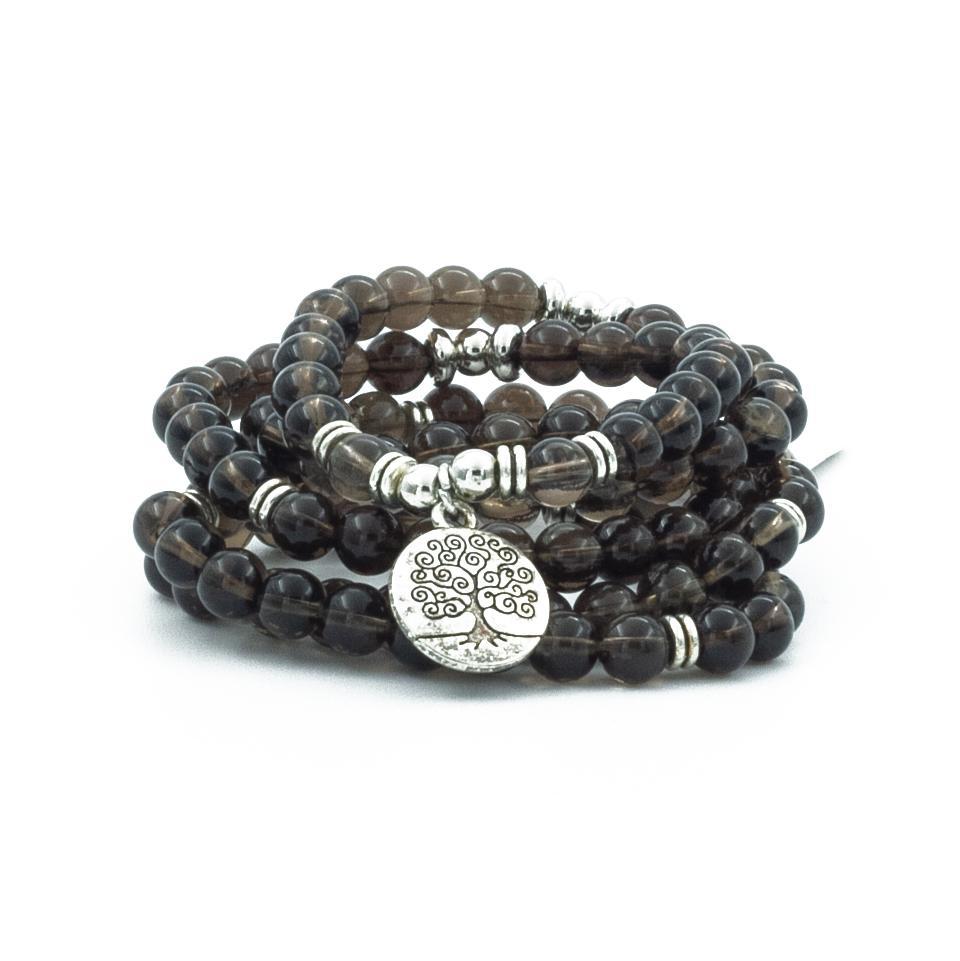 Smoky Quartz / Smokey Quartz 108 Mala Bead 6 mm Stone Beads with Om & Tree of life Charm Natural Stone Yoga necklace/Bracelet