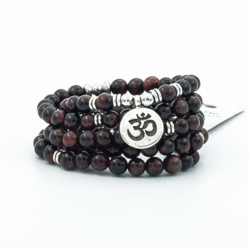 Red Tiger Eye 108 Meditation Mala Beads Natural Stone, OM Charm