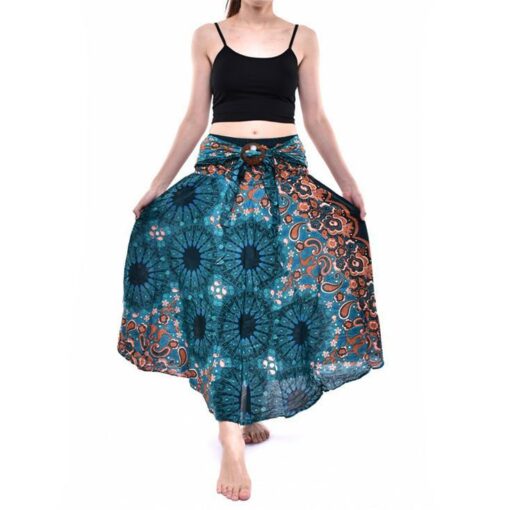 Green Skirt / Dress Coconut Buckle Elephant Long Comfy Skirt with Elastic Stretch and Adjustable Tie