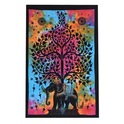 Tree of life With Elephant Tie dye Base Poster Wall Hanging Handmade Cotton Tapestry 40"x30" inch