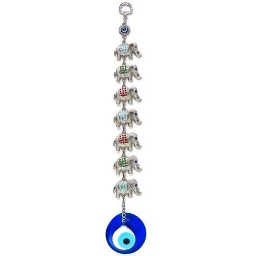 7-Elephant Colored Hanging with Evil Eye, Handmade, 14" Inch