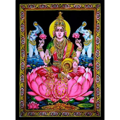 Goddess Laxmi blessing with wealth and two elephant for good luck Wall Hanging Handmade Cotton poster Tapestry 40"x30" inch
