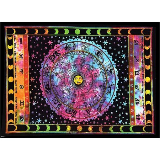 Zodiac Multicolor, Black and white, Tye Dye Wall Hanging Handmade Cotton Tapestry 84"x54" inch