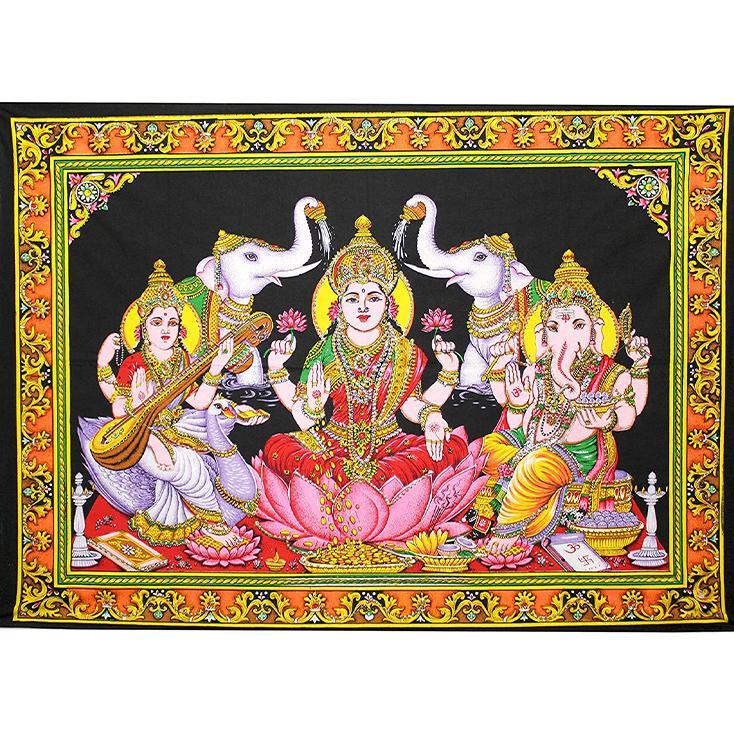 Goddess Laxmi, Saraswathi and Lord Ganesh Poster Wall Hanging Handmade Cotton Tapestry 40"x30" inch
