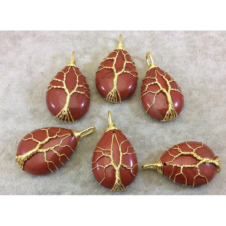 Red Jasper Teardrop Crystal Tree of Life Wire Wrapped Pendant Necklace