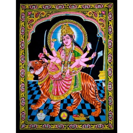 Goddess Durga sitting on Tiger Poster Wall Hanging Handmade Cotton Tapestry 40"x30" inch without Sequin