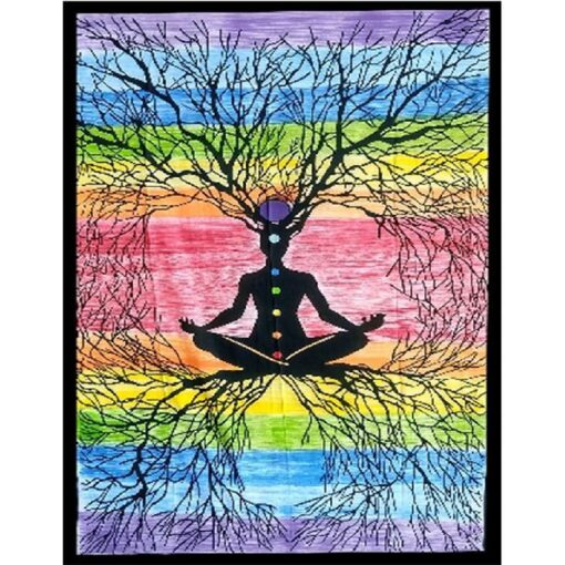 Yoga Man with Roots / 7-Chakra Meditating Man with Roots Wall Hanging Handmade Cotton Tapestry 84" x 54" inch
