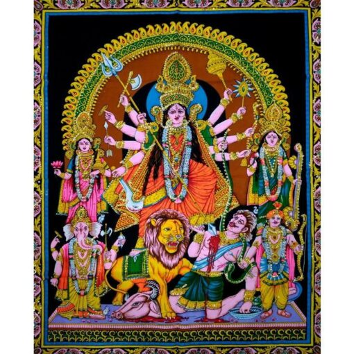 Goddess Durga Maa Durga with Ganesh & Lion without Sequin Poster Wall Hanging Handmade Cotton Tapestry 40"x30" inch