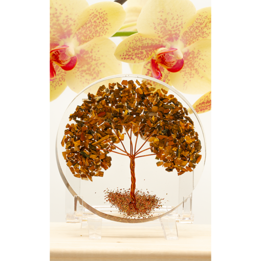 Orgone Coaster / Disc / Plate with Tiger Eye Natural Stone Tree of Life 3.5" inch diameter