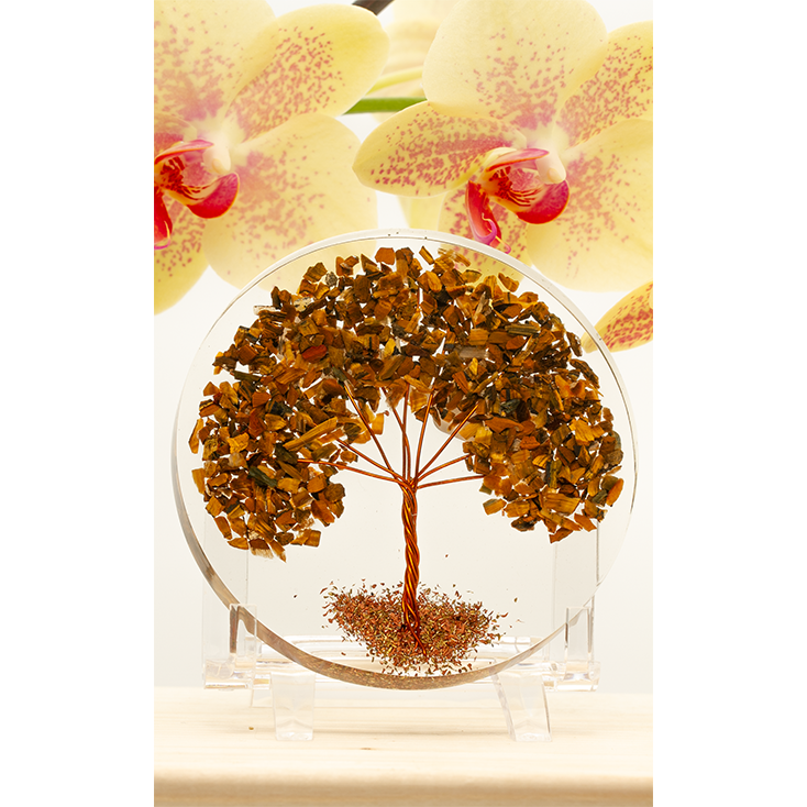 Orgone Coaster / Disc / Plate with Tiger Eye Natural Stone Tree of Life 3.5" inch diameter