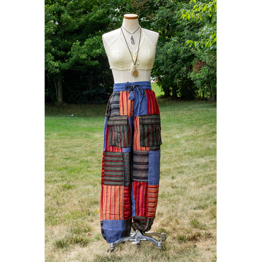 Front Pocket Striped Boho Elastic Bottom Patch  Pants