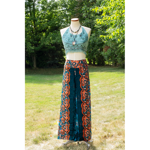 Teal Blue Open Leg Thai Palazzo Pant Flower Print Rayon Comfy & Trendy One Size Fits Most 100% Rayon
