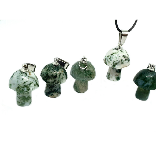 Moss Agate Mushroom Carved Pendant Necklace Natural Crystals For Energy Balancing, Meditation, Reiki, Healing Approx. 2cm Pendant