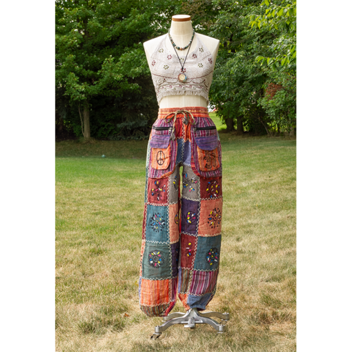 Plain & Striped W/Threadwork Boho Harem Patch Elastic Bottom Pants