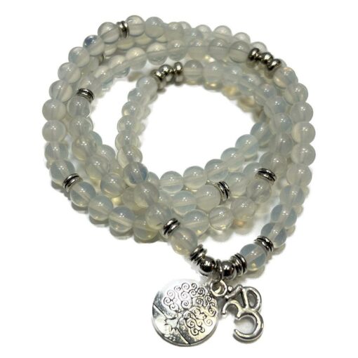 Opalite 108 Mala 6 & 8mm Beads Natural Stone Bracelet Mala Prayer Beads OM and Tree of Life Charm Meditation Necklace