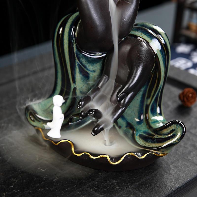 Hand w/Monk Backflow Incense Holder Waterfall Incense Burner, Reflux Burner, Handmade Ceramic, Home Décor for Meditation, Mini-Zen Experience Size: 10*10*21.8 cm - Image 3