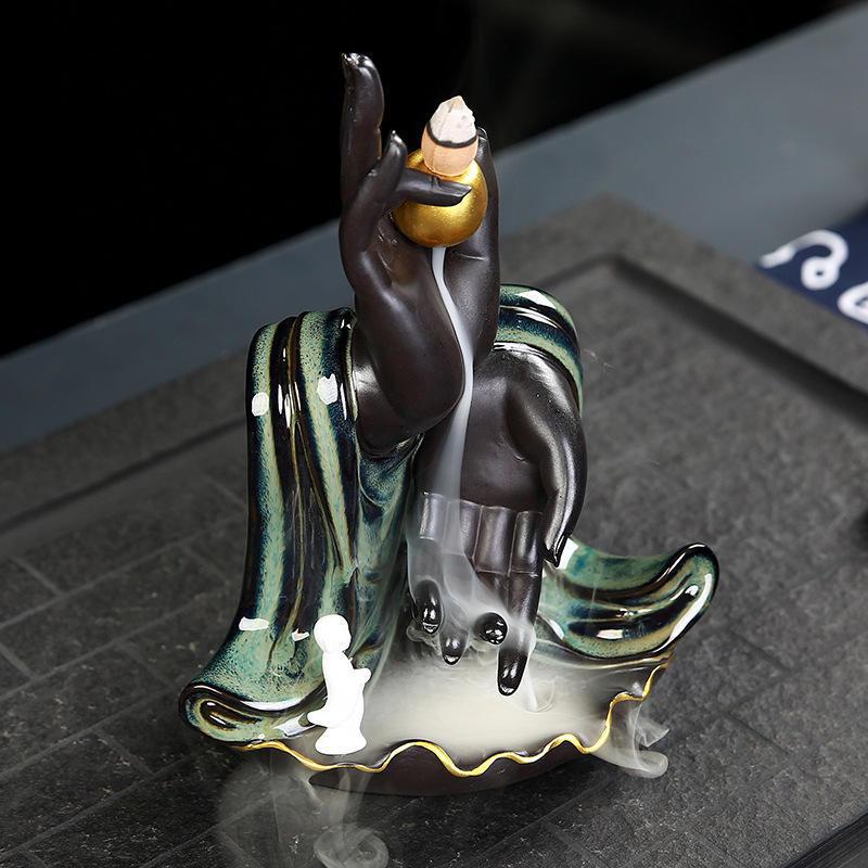 Hand w/Monk Backflow Incense Holder Waterfall Incense Burner, Reflux Burner, Handmade Ceramic, Home Décor for Meditation, Mini-Zen Experience Size: 10*10*21.8 cm - Image 4