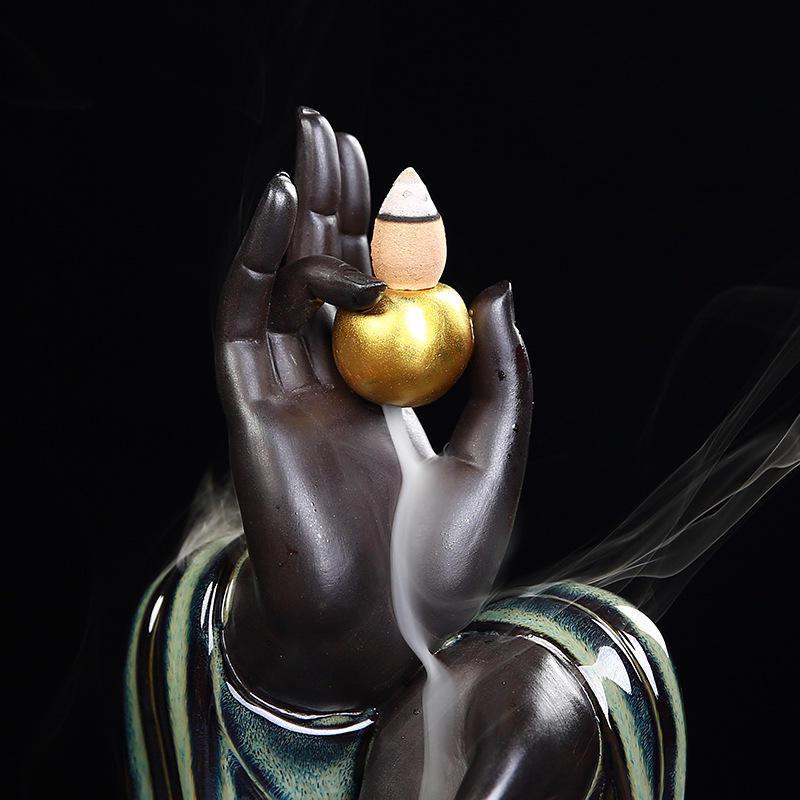 Hand w/Monk Backflow Incense Holder Waterfall Incense Burner, Reflux Burner, Handmade Ceramic, Home Décor for Meditation, Mini-Zen Experience Size: 10*10*21.8 cm - Image 2