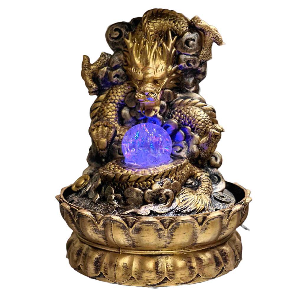Golden Dragon Tabletop fountain with Rolling Crystal Ball & LED Antique Resin Tabletop Water Fountain 21X21X28 cm