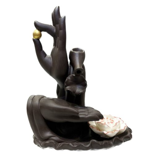 2 Hands w/Lotus Backflow Incense Holder Waterfall Incense Burner, Reflux Burner, Handmade Ceramic, Home Decor for Meditation, Mini-Zen Experience 15.5*8.5*18 cm