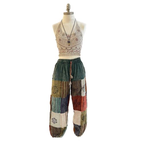 Single Color Waist With Side Pocket Plain & Striped Elastic Bottom Patchwork Pant