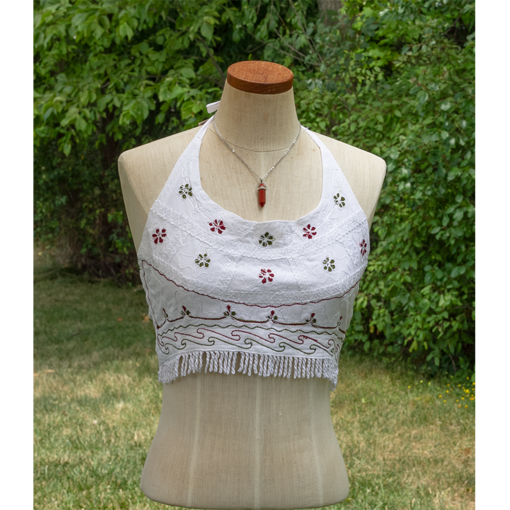 Bikini Top/ Rayon Halter Neck Embroidery and Fringe Crop Top with Tie in the Back, 1 Size Fits Most