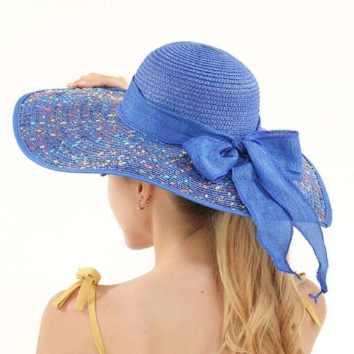 Summer Straw Hat with Colorful Brim and Linen Ribbon Panama Sunshade Woven Trendy Beach Hat;  Adult One Size Fits Most (22-23 inches), adjustable size
