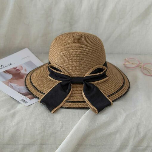 Natural Straw Hat with Black Bow Trendy Beach Hats For  Women;  Adult One Size Fits Most (22-23 inches), adjustable size