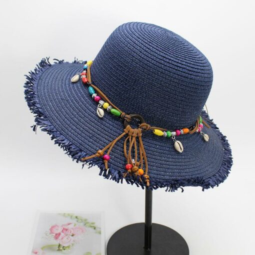 Beaded Leather String Straw Hat Trendy Women's Bucket Colored Summer Beach Style Straw Woven Sun Hat;  Adult One Size Fits Most (22-23 inches), adjustable size