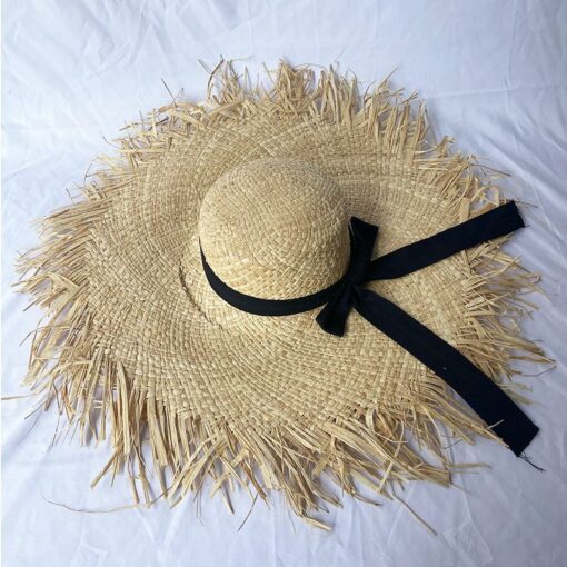 Natural Straw Hat with Fringe & Black Ribbon Trendy Beach Hats For Men/Women;  Adult One Size Fits Most (22-23 inches), adjustable size