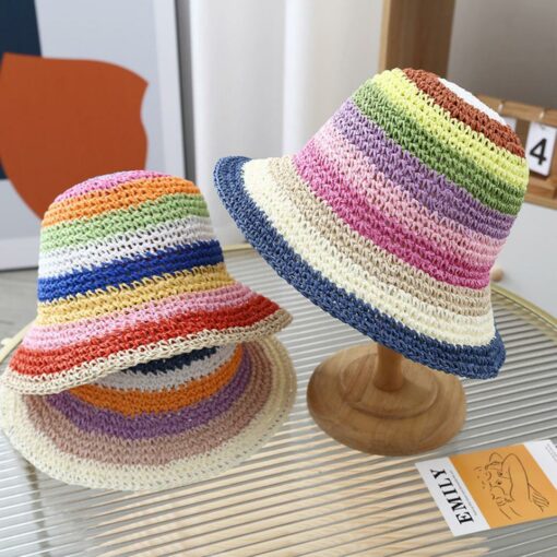 Crochet Hat with Multicolored Stripes, Trendy Summer Fashion Beach Sunshade Handmade Crochet Fisherman Hat Small Brim Foldable Floppy Bucket Straw Hats For Men/women;  Adult One Size Fits Most (22-23 inches), adjustable size