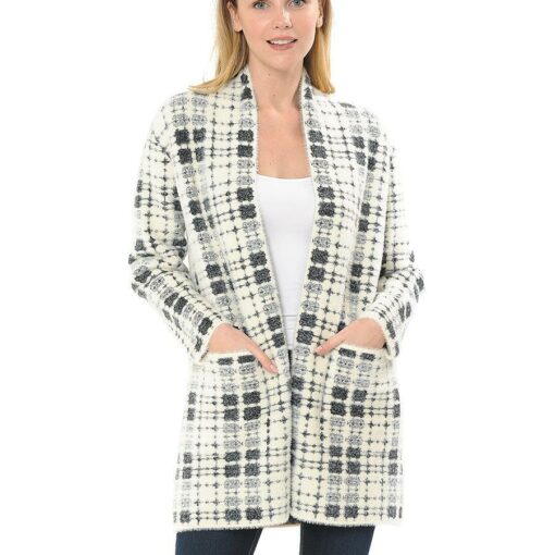 Checkered Fuzzy Cardigan with Pockets