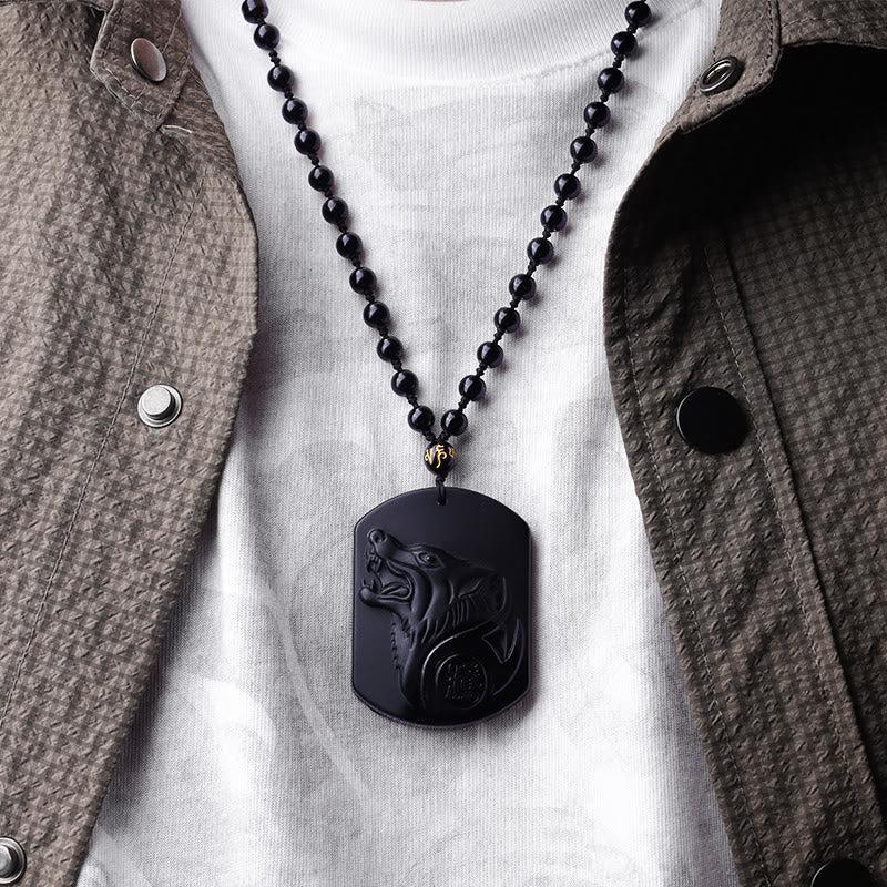 Wolf Black Obsidian Hand carved Necklace Pendants with Black Beads - Image 4
