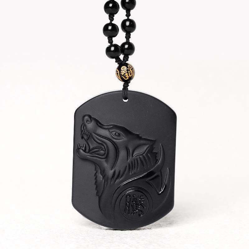 Wolf Black Obsidian Hand carved Necklace Pendants with Black Beads