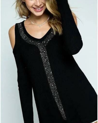 Soft Cold Shoulder Top with Rhinestones by Vocal