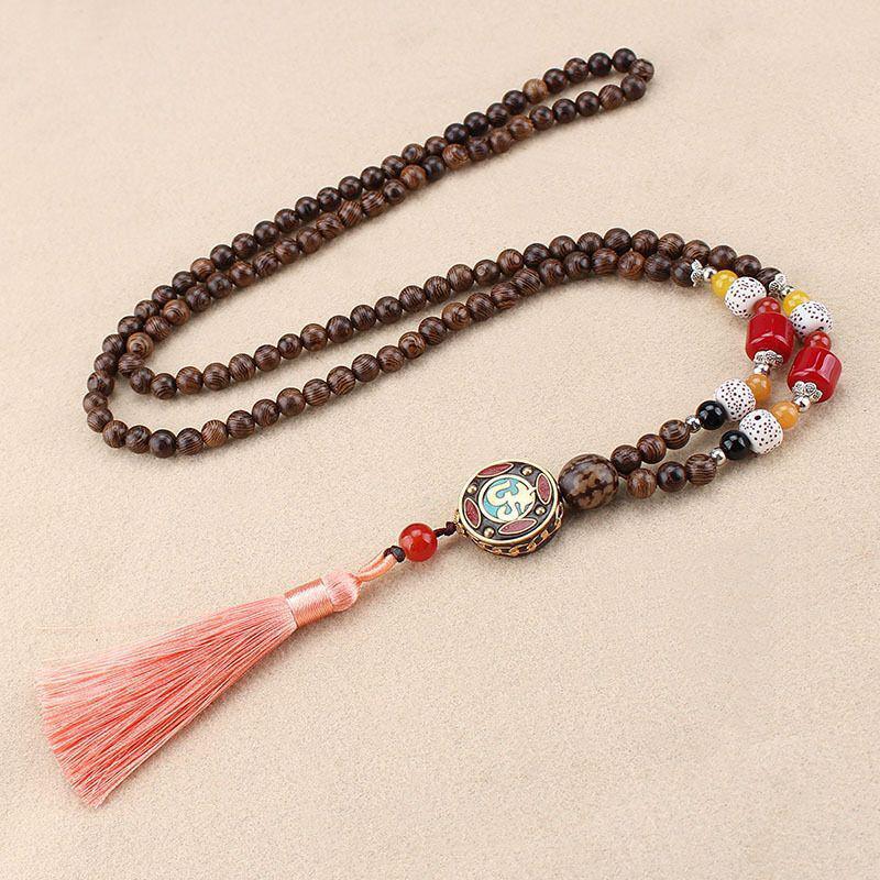 Holy Wood Beads Circular Om Pendant w/ Tassel Necklace for Energy Balancing, Positivity, Tranquility, and Meditation Vintage Nepal Long Buddhist Mala Wood Beaded Pendant & Necklace Ethnic Bohemian Boho Lucky Jewelry